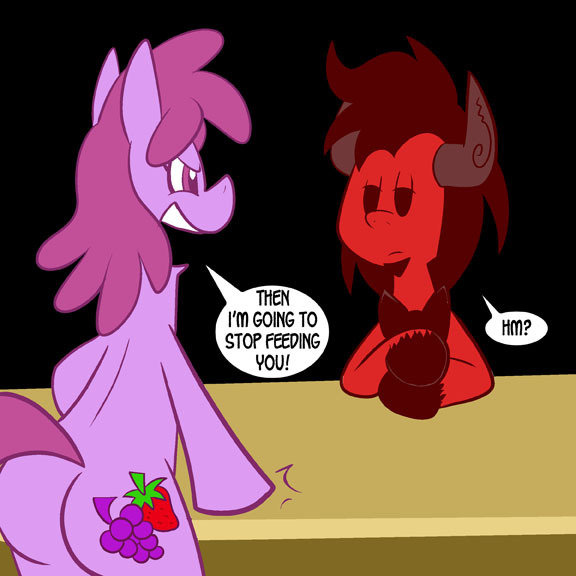 Size: 576x576 | Tagged: safe, artist:pembroke, derpibooru import, berry punch, berryshine, oc, oc:louie, demon, demon pony, earth pony, original species, pony, here comes berry punch, butt, hell, plot, single panel, speech bubble