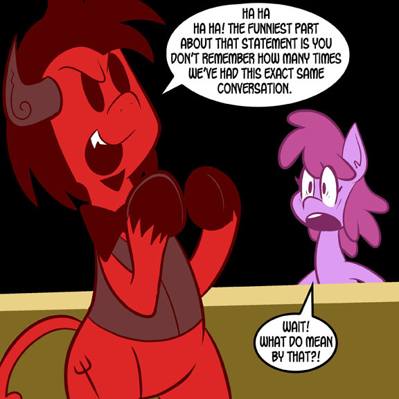 Size: 576x576 | Tagged: semi-grimdark, derpibooru import, berry punch, berryshine, oc, oc:louie, demon, demon pony, earth pony, original species, pony, here comes berry punch, black background, evil laugh, hell, laughing, simple background, single panel, speech bubble