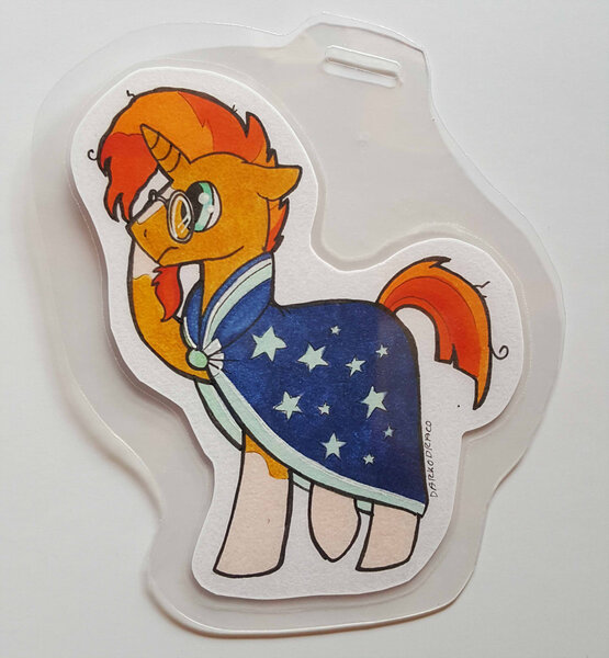 Size: 1500x1623 | Tagged: safe, artist:darkodraco, derpibooru import, sunburst, pony, unicorn, badge, cloak, clothes, floppy ears, glasses, male, solo, stallion, traditional art