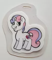 Size: 1500x1740 | Tagged: safe, artist:darkodraco, derpibooru import, sweetie belle, pony, unicorn, badge, female, filly, smiling, solo, traditional art