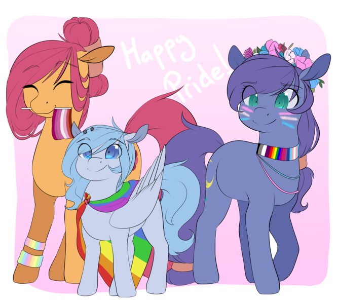 Size: 1280x1151 | Tagged: artist:rue-willings, asexual, asexual pride flag, bisexuality, bisexual pride flag, derpibooru import, face paint, female, filly, flag, floral head wreath, flower, gay, gay pride flag, lesbian, lesbian pride flag, lgbt, male, mare, oc, oc:bubblepop, oc:morning dew, oc:sweet night, pride, pride accessories, pride face paint, pride flag, pride flag bracelet, pride flag cape, pride flag necklace, pride flower crown, pride month, safe, transgender, transgender pride flag, trio