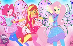 Size: 3348x2092 | Tagged: safe, artist:sparkling-sunset-s08, derpibooru import, fluttershy, pinkie pie, sunset shimmer, fairy, human, equestria girls, barely eqg related, base used, boots, clothes, cosmix, crossover, equestria girls logo, fairies, fairies are magic, fairy wings, fairyized, hasbro, hasbro studios, high heel boots, high heels, humanized, ponied up, rainbow s.r.l, shoes, winged humanization, wings, winx, winx club, winxified