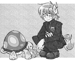 Size: 1010x830 | Tagged: anthro, artist:thegreatrouge, black and white, cute, derpibooru import, eating, eyebrows visible through hair, grayscale, male, monochrome, safe, sandabetes, sandbar, solo, tank, tortoise