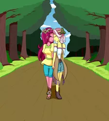 Size: 1800x2000 | Tagged: safe, artist:jake heritagu, derpibooru import, gloriosa daisy, vignette valencia, equestria girls, equestria girls series, legend of everfree, rollercoaster of friendship, clothes, crack shipping, eyes closed, female, gloriette, holding hands, lesbian, shipping, smiling, tree, walking