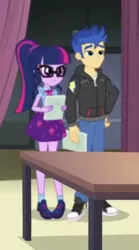 Size: 237x425 | Tagged: safe, derpibooru import, screencap, flash sentry, sci-twi, twilight sparkle, equestria girls, equestria girls series, rarity investigates: the case of the bedazzled boot, clothes, converse, cropped, female, geode of telekinesis, glasses, hoodie, legs, magical geodes, pants, ponytail, shoes, skirt, sneakers, socks, table
