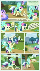 Size: 5100x8900 | Tagged: safe, artist:mundschenk85, derpibooru import, bon bon, lyra heartstrings, sea swirl, seafoam, starlight glimmer, sweetie drops, trixie, earth pony, pony, unicorn, comic:all in good fun, absurd resolution, background pony, bag, blushing, candle, female, glowing horn, horn, idea, kite, magic, magic aura, mare, ponies riding ponies, riding, running, saddle bag, telekinesis