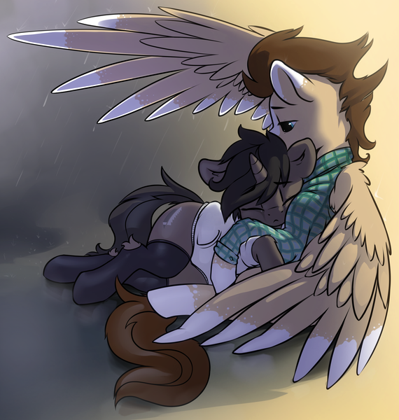 Size: 2913x3068 | Tagged: safe, artist:dimfann, derpibooru import, oc, oc:ivy, oc:skittle, unofficial characters only, pegasus, pony, unicorn, clothes, crying, cuddling, eyes closed, female, male, mare, oc x oc, rain, sad, shipping, socks, spread wings, stallion, straight, teary eyes, thigh highs, wing umbrella, wings