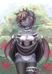 Size: 2214x3153 | Tagged: suggestive, artist:fukudka, derpibooru import, oc, oc:ventress, unofficial characters only, anthro, bat pony, bat pony oc, bat wings, blushing, breasts, clothes, commission, female, garter, lingerie, maid, panties, skirt, skirt lift, socks, solo, solo female, stockings, thigh highs, underwear, wings, ych result