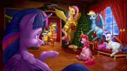 Size: 2560x1440 | Tagged: safe, artist:samum41, derpibooru import, applejack, fluttershy, pinkie pie, rainbow dash, rarity, spike, twilight sparkle, twilight sparkle (alicorn), alicorn, dragon, earth pony, pegasus, pony, unicorn, bow, christmas, christmas tree, couch, decoration, female, flying, garland, glow, glowing horn, holiday, horn, levitation, magic, mane seven, mane six, mare, mouth hold, open mouth, pointing, present, prone, room, scenery, sitting, smiling, telekinesis, tree, walking, window