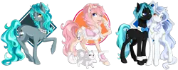 Size: 1600x635 | Tagged: safe, artist:magicarin, derpibooru import, oc, oc:cello sonata, oc:fair key, oc:pompom merengue, oc:teary choir, unofficial characters only, dog, earth pony, pony, unicorn, deviantart watermark, female, male, mare, obtrusive watermark, simple background, stallion, transparent background, watermark