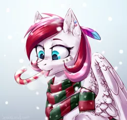 Size: 2108x2000 | Tagged: safe, artist:sparkling_light, derpibooru import, oc, oc:rouge swirl, unofficial characters only, pegasus, pony, candy, candy cane, christmas, clothes, commission, drool, ear piercing, eyes on the prize, feather, female, food, holiday, mare, piercing, scarf, solo, tongue out, ych result