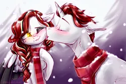 Size: 3000x2000 | Tagged: safe, artist:sparkling_light, derpibooru import, oc, unofficial characters only, pegasus, pony, unicorn, blushing, chest fluff, clothes, commission, eyes closed, face licking, female, floppy ears, licking, male, mare, one eye closed, scarf, snow, snowfall, stallion, straight, tongue out, ych result