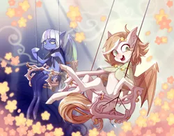 Size: 4512x3512 | Tagged: safe, artist:igrinagelcio, artist:rigellapererali, derpibooru import, oc, oc:dream scape, oc:fiery star, unofficial characters only, bat pony, pony, bat pony oc, bat wings, clothes, commission, duo, female, looking at you, mare, open mouth, sitting, socks, stars, swing, swinging, thigh highs, wings, ych result