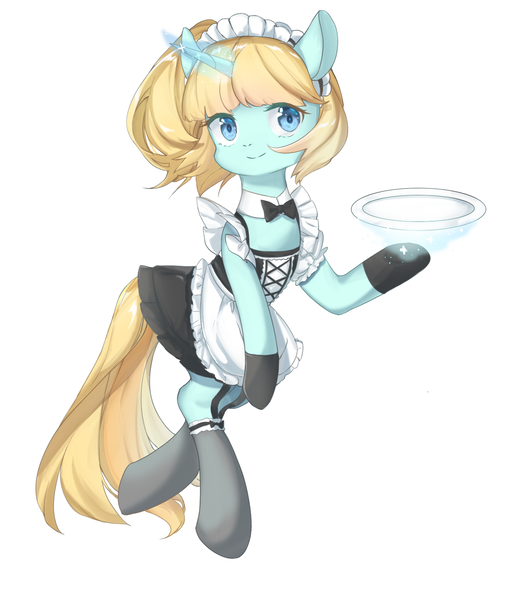 Size: 1500x1700 | Tagged: safe, artist:alleycat, derpibooru import, oc, oc:diamonody, unofficial characters only, pony, unicorn, bipedal, bowtie, clothes, female, magic, maid, socks, solo, telekinesis