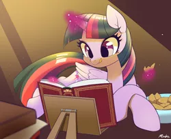 Size: 2198x1790 | Tagged: safe, artist:renokim, derpibooru import, twilight sparkle, twilight sparkle (alicorn), alicorn, pony, book, cute, daaaaaaaaaaaw, female, glowing horn, horn, magic, mare, reading, solo, telekinesis, that pony sure does love books