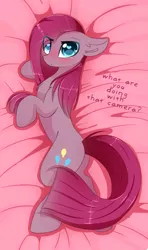 Size: 1024x1730 | Tagged: safe, artist:little-sketches, derpibooru import, edit, pinkie pie, earth pony, pony, bed, blushing, body pillow, body pillow design, butt, chest fluff, cute, cuteamena, diapinkes, ear fluff, eye clipping through hair, female, heart eyes, laying on bed, leg fluff, looking at you, mare, on bed, pinkamena diane pie, plot, solo, talking to viewer, text, text edit, wingding eyes