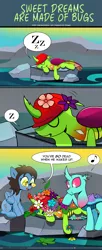 Size: 1007x2480 | Tagged: artist:dsana, artist:pony-berserker, changedling, changedling oc, changeling, changeling oc, comic, dateling, derpibooru import, disguise, disguised changeling, flower, hive, humming, inconvenient, oc, oc:berzie, oc:dopple, oc:stainless key, onomatopoeia, safe, sleeping, snoring, sound effects, speech bubble, sweet dreams, this will end in death, this will end in pain, this will end in tears, this will end in tears and/or death, unofficial characters only, z, zzz