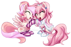 Size: 1600x1047 | Tagged: safe, artist:centchi, derpibooru import, oc, oc:cuddle bug, oc:pompom merengue, unofficial characters only, earth pony, pegasus, pony, clothes, deviantart watermark, female, mare, obtrusive watermark, simple background, socks, striped socks, transparent background, watermark