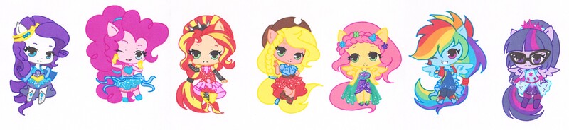 Size: 3840x884 | Tagged: safe, artist:ocean-drop, derpibooru import, applejack, fluttershy, pinkie pie, rainbow dash, rarity, sci-twi, sunset shimmer, twilight sparkle, equestria girls, equestria girls series, forgotten friendship, chibi, clothes, dress, glasses, humane five, humane seven, humane six, ponied up, skirt, super ponied up