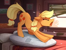 Size: 2100x1597 | Tagged: safe, artist:yakovlev-vad, derpibooru import, applejack, earth pony, pony, bed, bedroom, behaving like a cat, cheek fluff, chest fluff, cute, ear fluff, eyes closed, face down ass up, feather, female, floppy ears, image, iwtcird, jackabetes, majestic as fuck, mare, meme, morning ponies, open mouth, pillow, png, silly, silly pony, slim, solo, stretching, underhoof, window, yawn