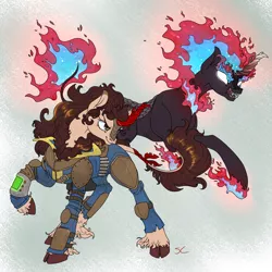 Size: 2000x2000 | Tagged: armor, artist:sourcherry, cleft hooves, clothes, cloven hooves, derpibooru import, fallout, fallout equestria, female, fire, hooves, horn, kirin, kirin oc, leonine tail, long mane, mane, mane of fire, nirik, oc, pipboy, pipbuck, safe, scales, solo, unnamed oc, unofficial characters only, vault suit, wasteland ventures