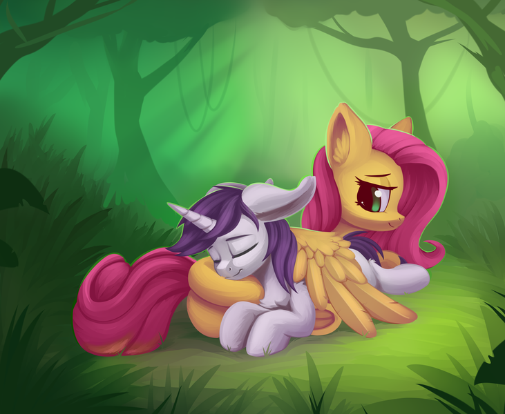 Size: 3000x2464 | Tagged: safe, artist:anti1mozg, derpibooru import, fluttershy, oc, oc:lapush buns, bunnycorn, pegasus, pony, unicorn, bunny ears, butt pillow, canon x oc, commission, female, forest, grass, male, nature, outdoors, prone, resting, shining, sleeping, smiling, straight, tree, wings