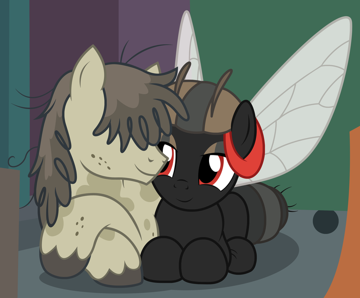 Size: 2900x2400 | Tagged: safe, artist:badumsquish, derpibooru import, oc, unnamed oc, bug pony, earth pony, fly, fly pony, insect, pony, alley, antennae, bedroom eyes, canon x oc, dirty, dumpster, duo, female, male, messy mane, pigpen, show accurate, snuggling, unshorn fetlocks
