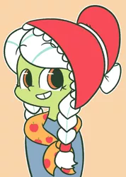 Size: 869x1218 | Tagged: adorasmith, artist:typhwosion, bonnet, braid, clothes, cute, derpibooru import, granny smith, human, humanized, safe, smiling, solo, younger, young granny smith
