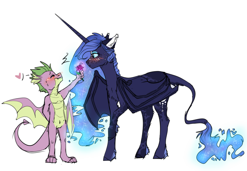 Size: 3033x2100 | Tagged: safe, artist:dashkatortik12222222, derpibooru import, princess luna, spike, alicorn, bat pony, bat pony alicorn, classical unicorn, dragon, pony, unicorn, alternate design, bat wings, blushing, blushing profusely, cloven hooves, cute, dappled, dragon wings, duo, ear fluff, ethereal mane, female, flower, flowing mane, heart, horn, interspecies, leonine tail, long horn, male, mare, missing accessory, older, older spike, pointy horn, shipping, spiluna, starry mane, straight, unshorn fetlocks, winged spike, wings