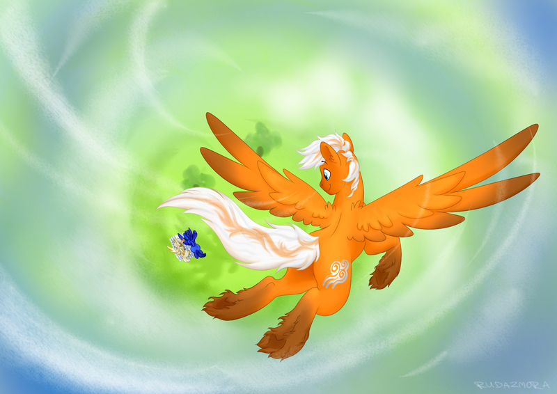 Size: 1753x1240 | Tagged: safe, artist:rudazmora, derpibooru import, oc, oc:featherkah, oc:skaj, oc:steel wing, unofficial characters only, hippogriff, pegasus, pony, blue, cloud, commission, flying, food, from above, large wings, male, orange, picnic, picnic blanket, sky, spread wings, stallion, unshorn fetlocks, wings, ych result