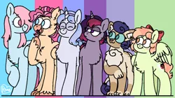 Size: 1024x572 | Tagged: safe, artist:sandwichbuns, derpibooru import, oc, oc:black magic, oc:cornflower, oc:gale wings, oc:ladybird, oc:spongecake, oc:yarnball, unofficial characters only, classical hippogriff, hippogriff, hybrid, pony, chest fluff, female, height difference, interspecies offspring, magical lesbian spawn, mare, offspring, parent:capper, parent:fluttershy, parent:pinkie pie, parent:princess skystar, parent:rainbow dash, parent:rarity, parent:starlight glimmer, parent:tempest shadow, parent:trixie, parent:twilight sparkle, parents:capperity, parents:flutterdash, parents:skypie, parents:startrix, parents:tempestlight
