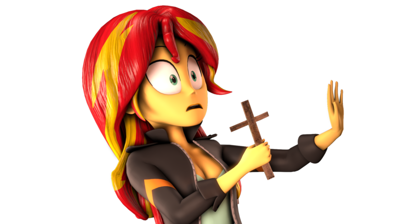 Size: 2044x1150 | Tagged: safe, artist:flushthebatsanta, derpibooru import, sunset shimmer, equestria girls, 3d, christian sunset shimmer, christianity, cross, jontron, nope, out of this house, outta this house, reaction image, religion, takeshi's challenge