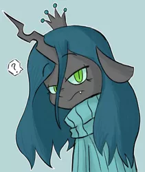 Size: 1280x1514 | Tagged: safe, artist:typhwosion, derpibooru import, queen chrysalis, changeling, blue background, bust, clothes, crown, cute, cutealis, female, floppy ears, jewelry, question mark, regalia, simple background, slit eyes, solo, speech bubble, sweater, turtleneck