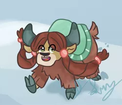 Size: 1214x1040 | Tagged: safe, artist:jade-mod, derpibooru import, yona, yak, cloven hooves, cute, eye clipping through hair, female, hoofprints, open mouth, signature, snow, solo, yonadorable