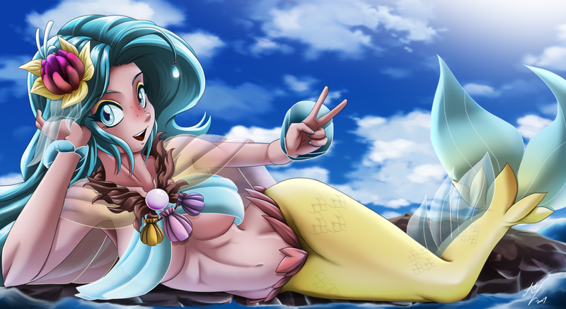 Size: 2000x1092 | Tagged: adorasexy, armpits, artist:mauroz, bocas top, breasts, cleavage, cute, derpibooru import, female, freckles, human, humanized, mermaid, my little pony: the movie, nail polish, peace sign, princess skystar, seapony (g4), sexy, solo, solo female, suggestive