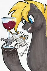 Size: 813x1234 | Tagged: safe, artist:kawaiilolliepop, derpibooru import, oc, oc:der, oc:floofy, unofficial characters only, earth pony, gryphon, pony, duo, glass, male, micro, pole dancing, stripper pole, traditional art, wine glass