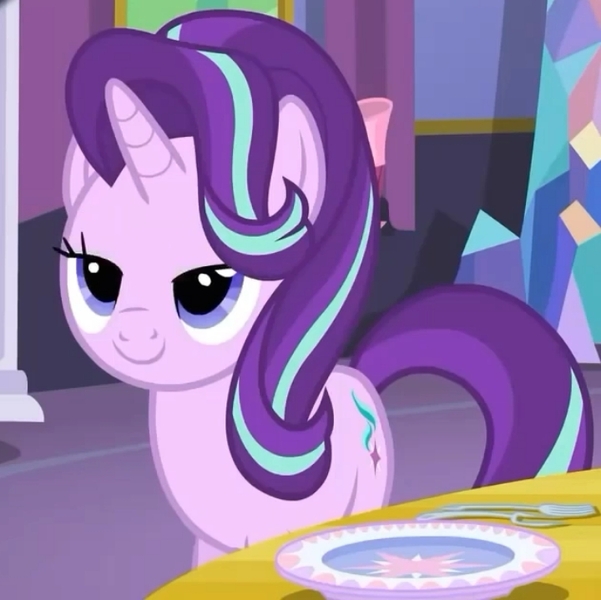 Size: 720x719 | Tagged: safe, derpibooru import, screencap, starlight glimmer, pony, unicorn, no second prances, column, cropped, fork, lidded eyes, plate, smiling, solo, spoon, suggestive smile, table, twilight's castle