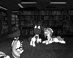 Size: 1280x1024 | Tagged: safe, artist:scraggleman, derpibooru import, moondancer, oc, oc:floor bored, oc:taku, earth pony, pony, unicorn, backpack, clothes, crooked glasses, crying, glasses, library, lying down, monochrome, story included, story:lost and found, sweater