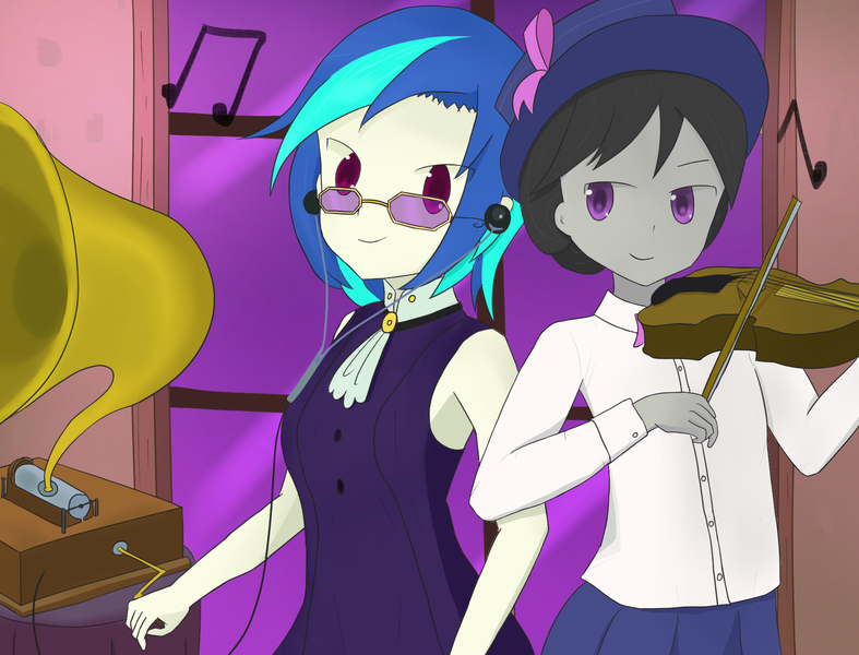 Size: 1706x1300 | Tagged: safe, artist:maomao9, derpibooru import, octavia melody, vinyl scratch, a hearth's warming tail, equestria girls, bow, clothes, female, glasses, gramophone, hat, lesbian, looking at each other, music notes, musical instrument, scratchtavia, shipping, short hair, skirt, sleeveless, victrola scratch, violin, window