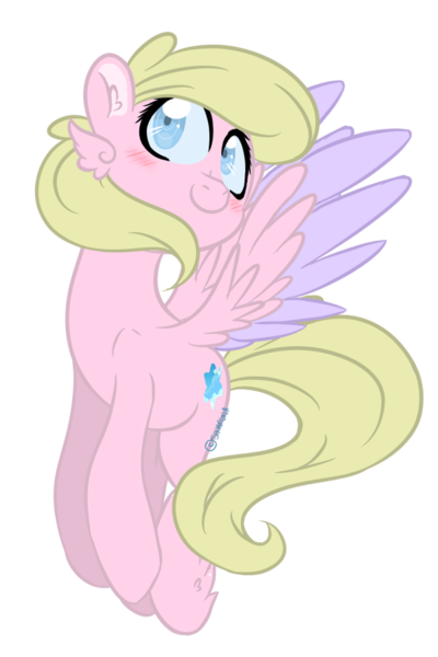 Size: 600x900 | Tagged: safe, artist:sinamuna, derpibooru import, oc, oc:daffodil sky, unofficial characters only, pegasus, pony, au:equuis, base used, blonde hair, blue eyes, blushing, cutie mark, feathered hooves, female, flying, mare, redesign, smiling, updated design, wings