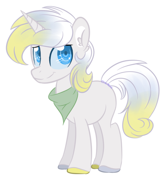 Size: 600x646 | Tagged: safe, artist:sinamuna, derpibooru import, oc, oc:flurry valor, unofficial characters only, pony, unicorn, au:equuis, bandana, base used, blonde hair, blue eyes, blue hair, colored hooves, horn, male, multicolored hair, redesign, smiling, solo, stallion, updated design, white hair