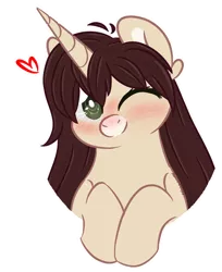 Size: 600x737 | Tagged: safe, artist:sinamuna, derpibooru import, oc, oc:cinnamon fawn, unofficial characters only, pony, unicorn, base used, blushing, brown hair, bust, chubby, cute, female, freckles, green eyes, hazel eyes, heart, hooves together, horn, long hair, mare, one eye closed, ponysona, smiling, solo, wink