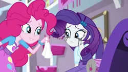 Size: 1280x718 | Tagged: safe, derpibooru import, screencap, pinkie pie, rarity, dance magic, equestria girls, spoiler:eqg specials, barrette, bracelet, crying, duo, duo female, female, jewelry, makeup, marshmelodrama, mascara, mascarity, rarity being rarity, running makeup, smiling, tissue, tissue paper