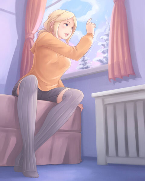 Size: 1200x1500 | Tagged: applejack, artist:ninjaham, clothes, derpibooru import, female, hoodie, human, humanized, indoors, open mouth, safe, shorts, sitting, snow, socks, solo, thigh highs, tree, window