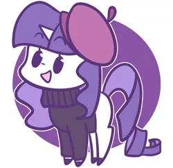 Size: 605x587 | Tagged: safe, artist:typhwosion, derpibooru import, rarity, unicorn, beady eyes, beatnik rarity, beret, clothes, cute, female, happy, hat, mare, missing cutie mark, open mouth, raribetes, solo, sweater