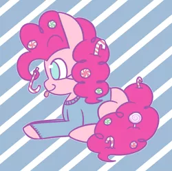 Size: 1280x1269 | Tagged: safe, artist:typhwosion, derpibooru import, pinkie pie, earth pony, pony, :p, candy, candy cane, clothes, cute, diapinkes, female, food, mare, no pupils, profile, prone, silly, solo, sweater, tongue out
