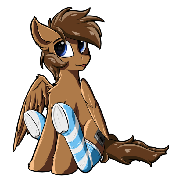 Size: 2500x2500 | Tagged: safe, artist:oblique, derpibooru import, oc, oc:wiley waves, unofficial characters only, pegasus, pony, :p, chest fluff, clothes, cute, male, silly, sitting, socks, solo, striped socks, tongue out