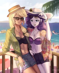 Size: 1300x1600 | Tagged: safe, artist:tcn1205, derpibooru import, applejack, rarity, human, equestria girls, anime, beach, belly button, bikini, bikini top, bracelet, breasts, clothes, cloud, cocktail umbrella, cup, cute, drink, ear piercing, earring, female, freckles, hat, humanized, jackabetes, jacket, jewelry, lesbian, necklace, open mouth, piercing, pony coloring, raribetes, rarijack, ring, shipping, sky, straw, sunglasses, swimsuit, water