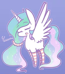 Size: 1124x1270 | Tagged: safe, artist:typhwosion, derpibooru import, princess celestia, alicorn, pony, blue background, clothes, cute, cutelestia, ethereal mane, eyes closed, female, hairband, mare, missing cutie mark, simple background, socks, solo, sparkly mane, striped socks, yawn