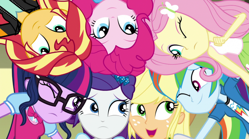 Size: 1280x718 | Tagged: safe, derpibooru import, screencap, applejack, fluttershy, pinkie pie, rainbow dash, rarity, sci-twi, sunset shimmer, twilight sparkle, dance magic, equestria girls, spoiler:eqg specials, cute, female, glasses, group, group shot, huddle, humane five, humane seven, humane six, one eye closed, open mouth, smiling, wink